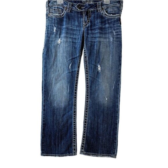 Silver Tuesday Capri Jeans Women's 30 Distressed Low Rise Embroidered Dark Wash‎ - Picture 1 of 13
